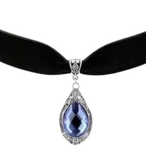 Choker Necklace Black Velvet with Blue Rhinestone Goth Punk Everyday